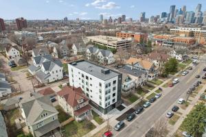 an aerial view of a city with buildings at Valclyde Elevated Urban Haven in Minneapolis