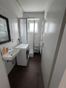 a bathroom with a sink and a washing machine at Ferienwohnung Sophia in Bad Gleichenberg +2 photos