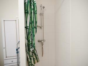 a shower with a green and white shower curtain at LE REPOS DU VOYAGEUR T3 45 m2 tout confort in Lussac-les-Châteaux