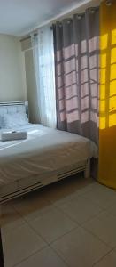 a bed in a room with a window and a bedvisor at Chaka homes 2 bedroom in Kiganjo