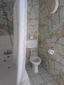 a bathroom with a toilet and a shower curtain at The Bell Hotel in Mildenhall