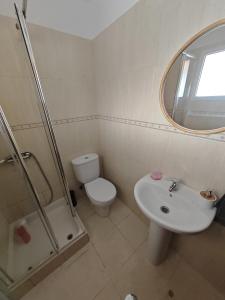 a bathroom with a toilet and a sink and a mirror at Eiras AL Ilha da Madeira in Santa Cruz +25 photos