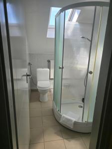 a bathroom with a toilet and a glass shower at Király Szálló in Nagykanizsa