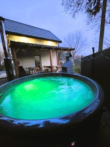 a large pool of green water in front of a house at Holiday House Lawendowa Przystań - dom z jacuzzi nad jeziorem in Miszkowice