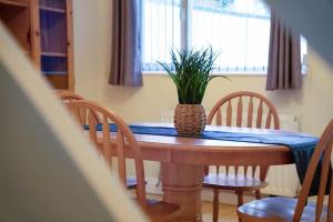 a dining room table with a potted plant on it at 2-Bedroom Stay with Free Wi-Fi Near Town Centre in Darlington +25 photos