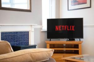 a living room with a television with the netflix sign on it at NEW! 3BR in Haughton Road in Darlington +32 photos