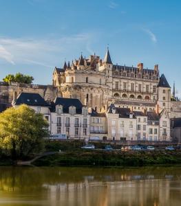 a large building sitting next to a body of water at Loft avec terrasse au pied du château in Amboise