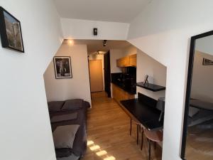a living room with a couch and a table at Studio neuf in Barcelonnette