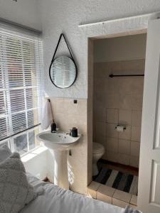 a bathroom with a sink and a toilet and a mirror at Groenewald's Haven in Nelspruit