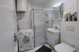 a bathroom with a shower and a toilet and a sink at Apartman Dijamant in Sarajevo +3 photos