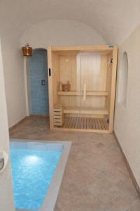 a bathroom with a shower and a swimming pool at Campagnano Rural Suite & Spa in Ischia Town