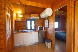 a kitchen with a sink and a microwave in a cabin at Camping Cantabria in Polientes