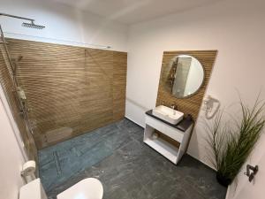 a bathroom with a sink and a mirror at Neva Apartments & Rooms in Făgăraş +57 photos