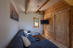 a living room with a blue couch and a television at Atessa Escapes in Atessa
