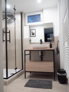a bathroom with a sink and a shower at Ferienwohnung Schwarzwald Lodge in Schömberg +26 photos