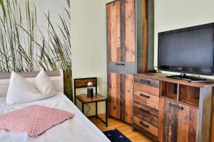 a bedroom with a bed and a television on a wooden dresser at Bordmann` Scheune in Kolonie