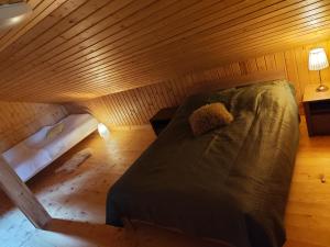 a small room with a bed in a wooden ceiling at Romantic cabin in the woods - Fesnga, Slovenia in Slovenj Gradec