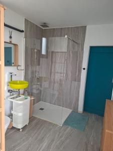 a bathroom with a shower and a yellow sink at Eco Hideaway in Anoyira