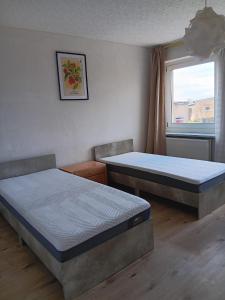 zwei Betten in einem Zimmer mit Fenster in der Unterkunft Charmant 90 E in Lichterfelde