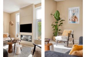 a living room with a tv and a living room with a fireplace at Groenendijk Verhuur Vakantiewoning Casa Iris in Burgh Haamstede