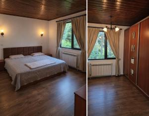 two pictures of a bedroom with a bed and two windows at Лунен залив in Dospat