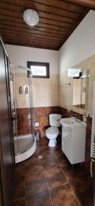a bathroom with a toilet and a shower and a sink at Лунен залив in Dospat