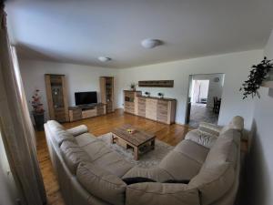a living room with a couch and a table at Apartmán u kolejí C in Klobouky u Brna