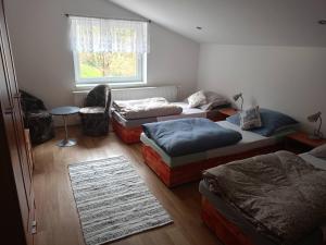 a room with three beds and a window at Ubytování v RV in Teplice nad Metují