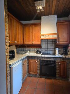 a kitchen with wooden cabinets and a stove top oven at GreenHell Stays Müsch - Nürburgring in Müsch