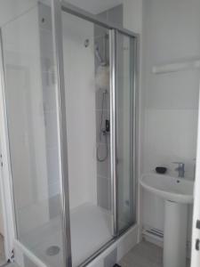 a white bathroom with a shower and a sink at Private Quiet Place in Dijon