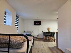 a bedroom with a bed and a table with a tv at Apartment in Vaihingen an der Enz - Ensingen in Vaihingen an der Enz