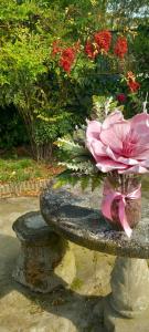 a vase with pink flowers sitting on a stone table at B&B delle Arti in Crema