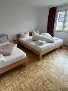 a bedroom with two beds and a window at Sunset View Apartment Bregenz Bodensee in Tannenbach