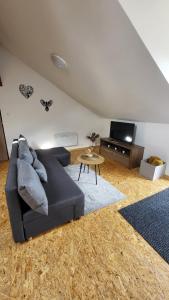 a living room with a black couch and a tv at Apartmán u kolejí D in Kašnice