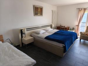a bedroom with a bed with a blue blanket at Al Ponte in Cademario
