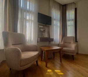 a living room with two chairs and a table and a tv at Nan Hotel in Istanbul