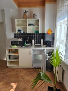 a kitchen with white cabinets and a sink at Pension Reuss - Hotel garni in Erfurt
