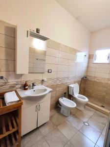 a bathroom with a sink and a toilet at LATE Nature House Gjirokaster in Gjirokastër