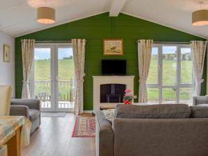 a green living room with a couch and a television at Buckland Lodge in Pentridge