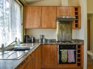 a kitchen with wooden cabinets and a stove top oven at Buckland Lodge in Pentridge +17 photos