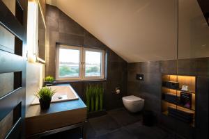 a bathroom with a sink and a toilet and a window at Ferienhaus SUNSHINE am Mühlfeldsee in Löbnitz +22 photos