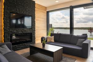 a living room with a fireplace and a tv at Ferienhaus SUNSHINE am Mühlfeldsee in Löbnitz