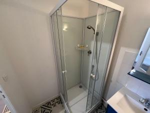 a glass shower in a bathroom with a sink at L Atelier du Centre in Vendôme