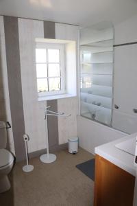 a bathroom with a toilet and a sink and a window at La Solitude in Bois-de-Cené