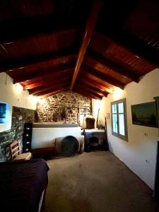 a room with a bed and a stone wall at Agroktima Konstantinos & Eleni in Platy