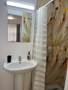 a bathroom with a sink and a shower with a mirror at Casa Raicu in Ploieşti
