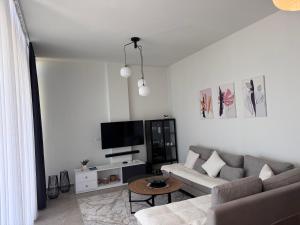 a living room with a couch and a tv at Sea La Sun, Green Coast in Palasë
