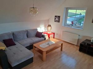 a living room with a couch and a table at Haus Seeblick in Jettingen-Scheppach +1 photo