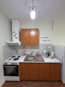 a kitchen with a stove and a sink and a refrigerator at Down Town Apartments in Kavála +8 photos