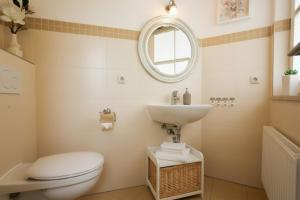 a bathroom with a sink and a toilet and a mirror at Ferienhaus Dwarslöper mit Sauna und Garten in Fuhlendorf in Fuhlendorf +9 photos
